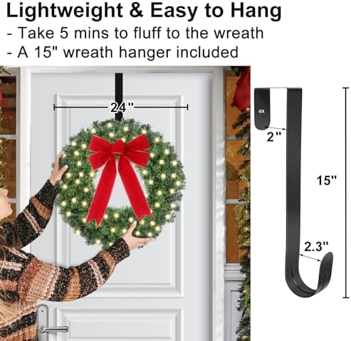 24in Pre Lit Christmas Wreath with Lights & Timer & Remote - 50 LEDs, 8 Lighting Modes -Lighted Christmas Wreath for Front Door with Hanger & Red Bow for Christmas Decorations - Image 7