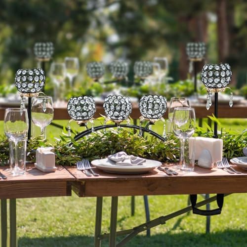 Set of 3 Crystal Tea Light Candlestick Holders Flower Shape with Crystal Pendant Bowl Votive Metal Candle Holder for Table Centerpieces Wedding Home Decor (Black+Gold) - Image 5