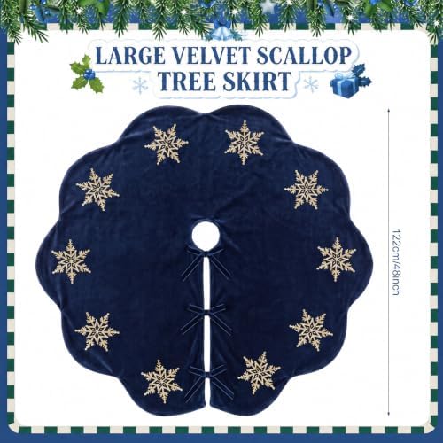 Hollowfly Navy Blue Velvet Christmas Tree Skirt with Sequin Snowflake 48'' - Image 2