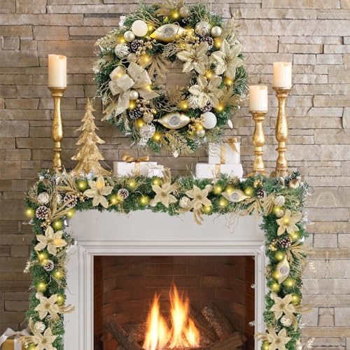 WANNA-CUL Pre-Lit 24 Inch Champagne Gold Christmas Wreath for Front Door - Image 6