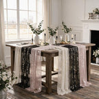 Artoid Mode 3PC Beige Black Pink Gauze Table Runner 120 Inch 10FT, Glitter Metallic Foil Sheer for Wedding Anniversary Holiday Birthday Home Party Decor - Image 6