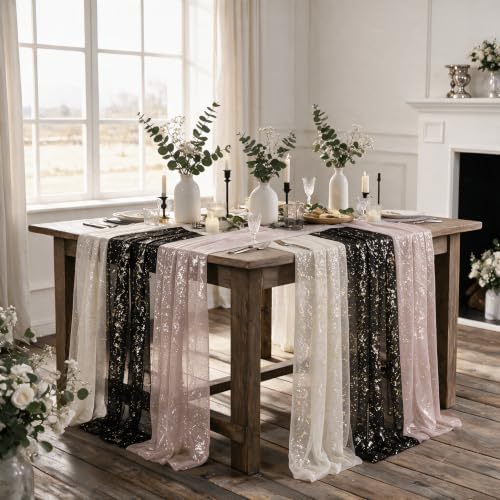 Artoid Mode 3PC Beige Black Pink Gauze Table Runner 120 Inch 10FT, Glitter Metallic Foil Sheer for Wedding Anniversary Holiday Birthday Home Party Decor - Image 6
