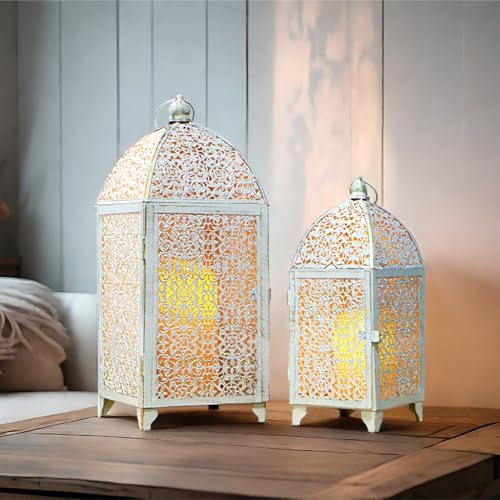 TRIROCKS Large Decorative Candle Lantern Set-16.5''&12'' High Metal Temple Moroccan Lantern Lamp for Home Decorations Living Rooms Gardens Parties Wedding Indoors and Outdoors - White with Gold Brush - Image 4