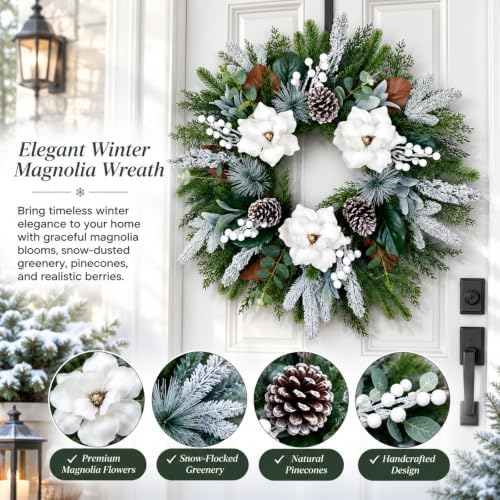 28inch Winter Wreath for Front Door, Frosted Magnolia Christmas Wreath - Image 2