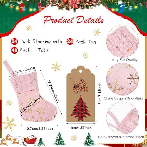 24 Set Mini Pink Christmas Stockings Bulk with Tags Bells - Image 2