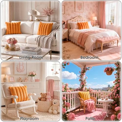 Faux Fur Decorative Throw Pillow Covers 20x20 Set of 2, Orange - Image 4
