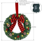 ATDAWN 3 Pack Mini Christmas Wreath, Lighted Christmas Front Door Wreath, Xmas Wreath for Holiday Christmas Party Decorations (Plaid Bow) - Image 2
