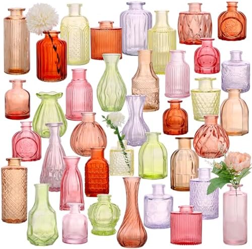 CUCUMI 38pcs Bud Vases for Centerpieces, Colorful Vintage Glass Vase Set by CUCUMI