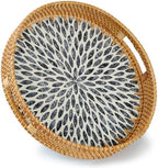 YANGQIHOME Round Rattan Tray with Handle, Mother of Pearl Inlay Decorative Wicker Basket for Coffee, Bread, Fruits, Serving Tray for Home Decor, Blue Leaf by YANGQIHOME