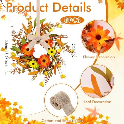 8 Pcs Small Fall Wreaths for Cabinets Mini Artificial Daisy Door Wreaths - Image 3