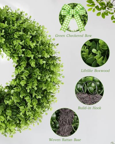 Vlorart 18'' Small Boxwood Wreaths for Front Door, Artificial Wreath with Green Bow for Front Door Wall Window Decor, Summer Fall Greenery for Thanksgiving Christmas Decorations Indoor Outdoor - Image 3