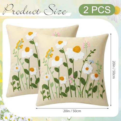 Tudomro 2 Pcs Daisy Throw Pillow Covers 20x20 Inch Spring Summer White Daisy Wildflowers 3D Embroidered Pillowcases with Zipper for Home Bedroom Cozy Sofa Couch Summer Boho Flowers Holiday Decor - Image 2