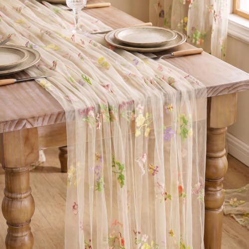 QueenDream Beige Apricot Floral Table Runner 10FT Spring with Embroidery Tulle Wildflower by QueenDream