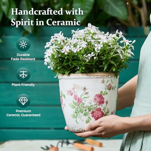 Vintage Ceramic Planter with Drainage Hole, Plastic Tray & Mesh, 6.5 Inch - Indoor/Outdoor Flower Pot, Pink Floral Rustic Farmhouse Design Plant pot for Home, Office & Garden Décor, Ideal Gift - Image 4