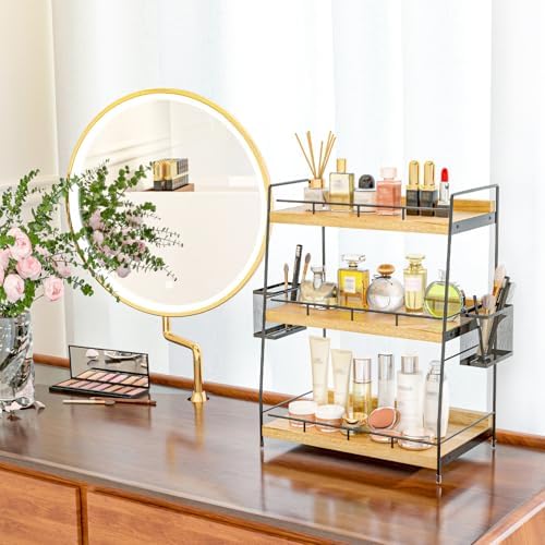 Wood 3 Tier Bathroom Counter Organizer with Side Baskets Fits Tall Bottles - Image 2