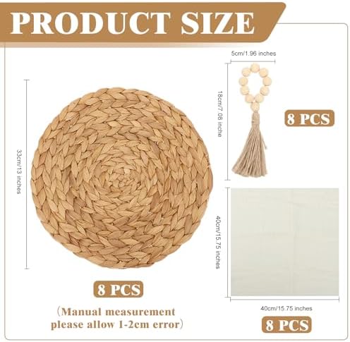 24 PCS Round Woven Placemats Set, 8 Boho Rattan Tablemats 13" Natural Water Hyacinth Farmhouse Place Mats with 8 Napkin, 8 Wooden Beads Napkin Ring for Kitchen Dining Table Decor Wedding Christmas - Image 2