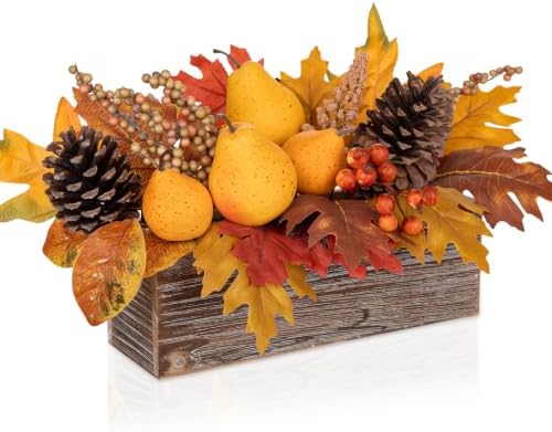 9" Artificial Fall Centerpiece with Golden Pears, Pinecones, Maple Leaves by VillaComo