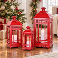Christmas Decorations for Home, 24’’ 19’’ 14’’ Christmas LED Lanterns Decorative Indoor&Outdoor, Large Red Metal Holders with 3 Timered Flameless Candles for Porch Patio Home Fireplace Decor by DECORKEY
