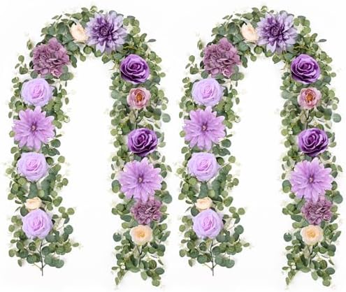Waipfaru 2 Pcs Flower Garland, 6Ft Eucalyptus Garland with Flowers, Rose Floral Vines for Wedding Reception Table Mantle Room Spring Summer Decor (Purple) by Waipfaru