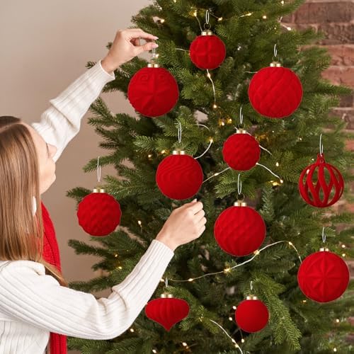 30pcs Velvet Christmas Ball Ornaments, Flocked Shatterproof Christmas Ornaments Hanging Xmas Tree Decorations Set for Home Party Holiday Decor (Multi-Size, Red) - Image 6