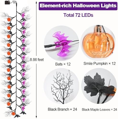 2026 Halloween Decor Lights 8.86FT 72 LED Willow Vine Twig with Timer Battery Operated Garland Lights with Orange Pumpkins Purple Bats and Black Dead Branches Indoor Halloween Decorations for Home - Image 2