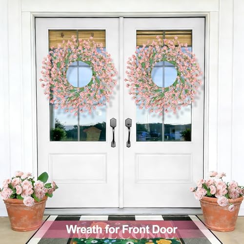24" Spring Wreaths for Front Door Not Withering Artificial Floral Wreath with Wildflowers Summer Decorations for Indoor Outdoor Window Wall Farmhouse Porch Wedding Easter Home Decor Pink - Image 6