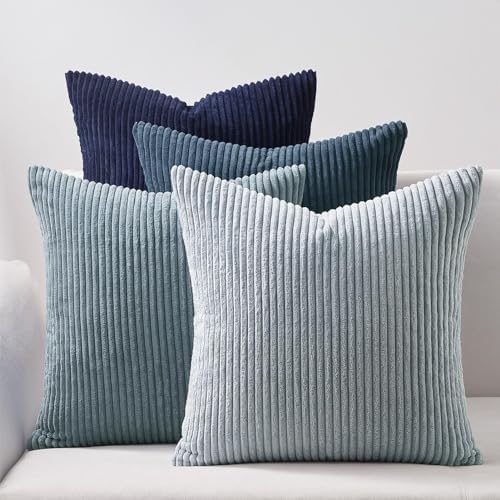 Topfinel Decorative Throw Pillow Covers Dusty Blue Navy Series 16x16 Inch Set of 4,Summer Corduroy Striped Toss Pillows for Couch,Patio,Balcony,Children Bedroom,Modern Fluffy Blue Gradient Shams by Topfinel