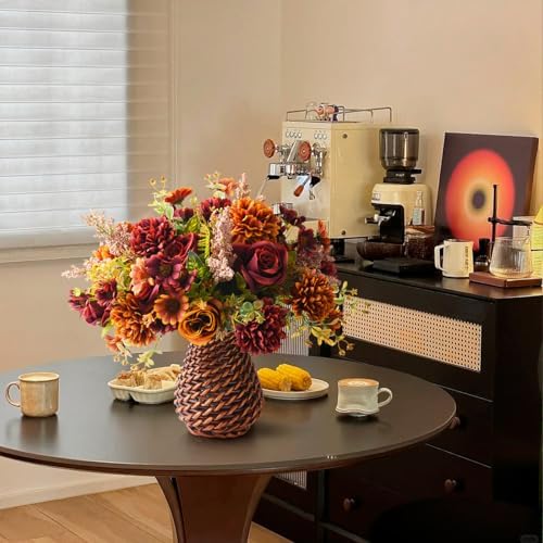 Fall Artificial Faux Flowers in Vase Fake Silk Rose Bouquets Indoor Decor - Image 6