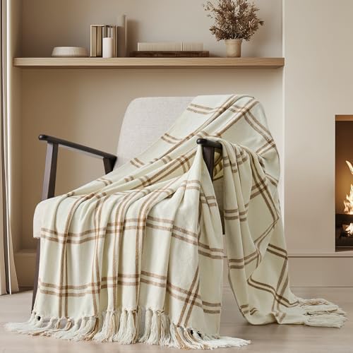 EverGrace Plaid Chenille Knit Throw Blanket, 60"x80", Cream & Beige by EVERGRACE