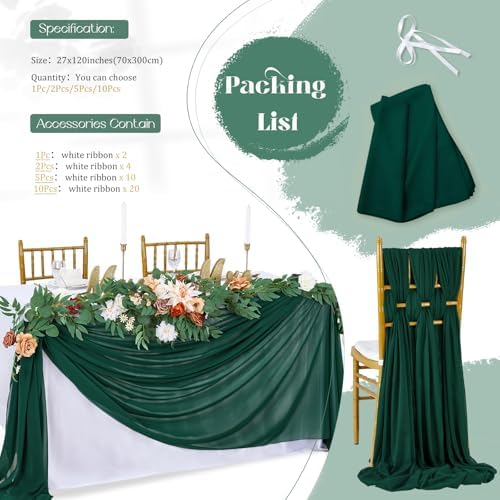 Emerald Green Chiffon Table Runner 15 Pieces 10Ft Boho Christmas Runners - Image 7
