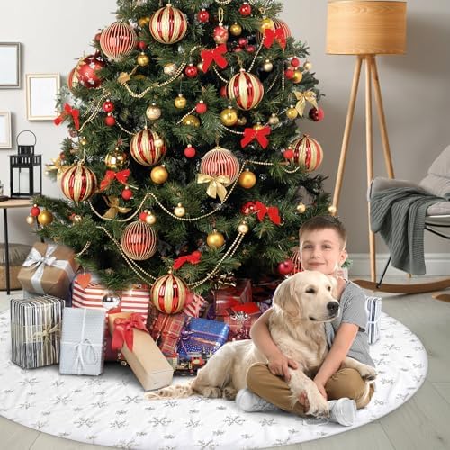 72 Inches Christmas Tree Skirt for Xmas Tree Holiday Party Decorations White Plush Silver Sequin Snowflake - Image 7
