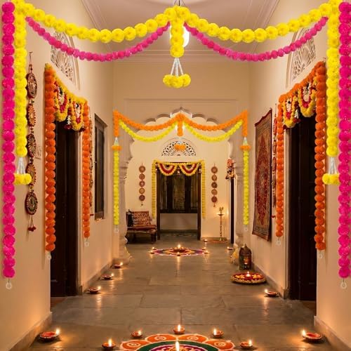 Knitgrip 5 Pcs Marigold Garland Pink Yellow Orange with 12 Hooks Indian - Image 4