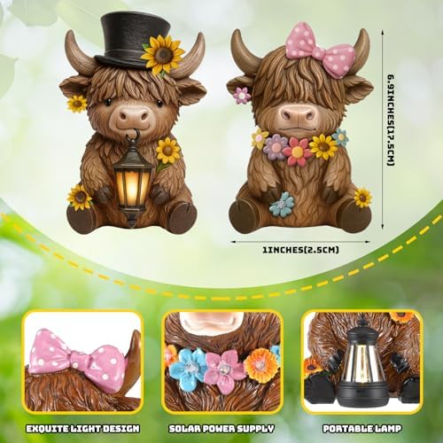 Retisee 2 Pcs Solar Highland Cow Garden Statue LED Light Resin Outdoor - Image 2