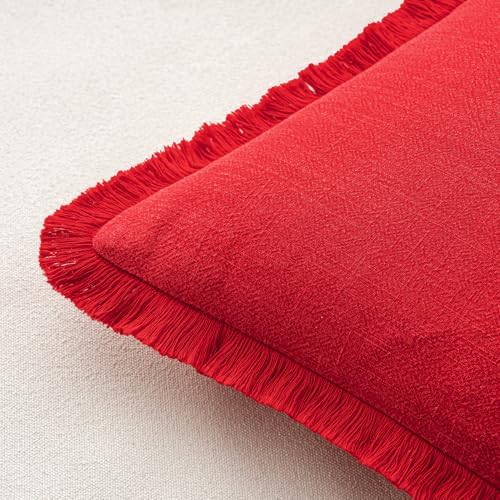 MIULEE Boho Linen Fringe Decorative Euro Throw Pillow Covers Red 24x24 - Image 3