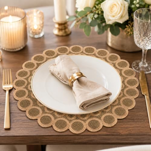 Myrish Handmade Beaded Decorative Placemats, Glass Bead Table Mats for Dining Table, Wedding, Holiday, Festival and Home Decor (Champagne Gold Round) - Image 2