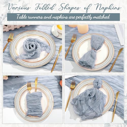 Pcs Cheesecloth Napkins and Table Runners Set, 10 ft Cheese Cloth Table Runners Boho Wedding Decor Rustic Wrinkled Gauze Napkins for Wedding Birthday Party Baby Shower(Gray Blue,26) - Image 4