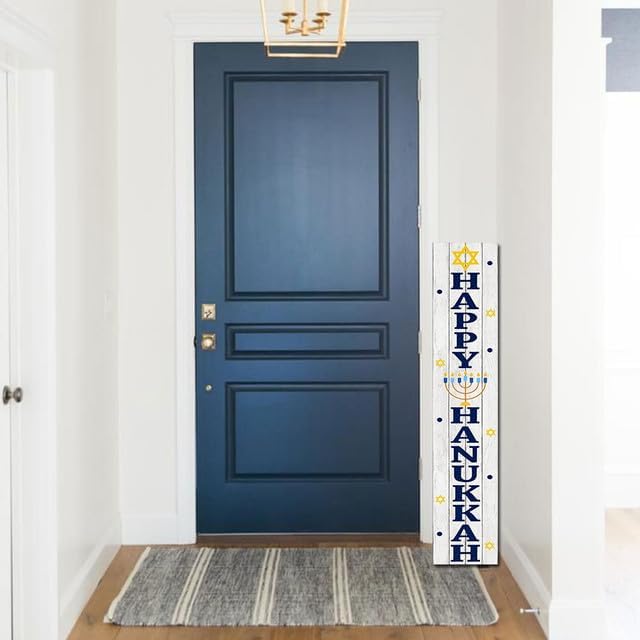 FemiaD Hanukkah Decorations Vertical Wooden Hanukkah Porch Sign Happy Hanukkah Porch Décor Standing Hanging Holiday Party Signs Wall Door Decorations Chanukah Wood Welcome Sign for Home 8x63inch - Image 2