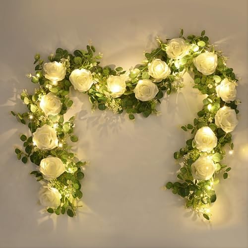 Dolicer 2Pcs 13Ft Artificial Eucalyptus Garlands with Flowers - 8 Roses, Faux Floral Greenery Garlands with 13Ft String Lights Fake Flower Vines for Wedding Table Centerpieces Arch Party Decor (White) by DolicerLANDSCAPEQ