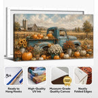 WAXWHELK Truck Fall Canvas Wall Art, Rustic Farmhouse Painting Pictures Autumn Thanksgiving Artwork, Vintage Blue Farm Fresh Truck Pumpkins and Flowers Home Decor for Living Room (30"x60") - Image 6