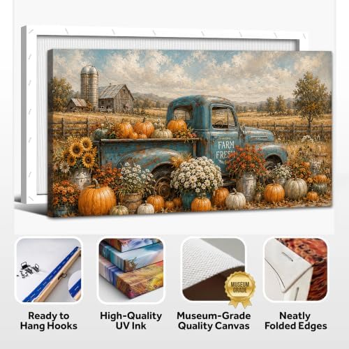 WAXWHELK Truck Fall Canvas Wall Art, Rustic Farmhouse Painting Pictures Autumn Thanksgiving Artwork, Vintage Blue Farm Fresh Truck Pumpkins and Flowers Home Decor for Living Room (20"x40") - Image 6