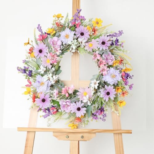 Spring Summer Wildflower Daisy Wreath for Front Door 18 Inch Artificial Colorful Flower Wreath for Indoor Outdoor Wall Festival Easter Home Farmhouse Wedding Decor - Image 2