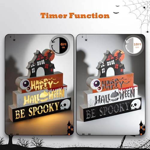 Halloween Decorations Indoor 9.4" 4-Tier Wooden Block Set with Glowing 3D Letters, Witch's House Topper, Battery Operated Spooky Halloween Décor Built-in Timer for Home, Mantel, Shelf, Table Decor - Image 5