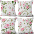 Pink Roses Throw Pillow Covers Blooming Floral Set of 4 Vintage Countryside Small Flower Green Leaves Linen Square Pillowcases for Couch Sofa Bedroom Patio Farmhouse Chair 26x26 Inch by VieSavaran
