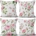 Pink Roses Throw Pillow Covers Blooming Floral Set of 4 Vintage Countryside Small Flower Green Leaves Linen Square Pillowcases for Couch Sofa Bedroom Patio Farmhouse Chair 26x26 Inch by VieSavaran