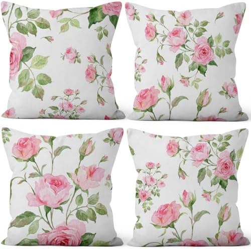 Pink Roses Throw Pillow Covers Blooming Floral Set of 4 Vintage Countryside Small Flower Green Leaves Linen Square Pillowcases for Couch Sofa Bedroom Patio Farmhouse Chair 26x26 Inch by VieSavaran
