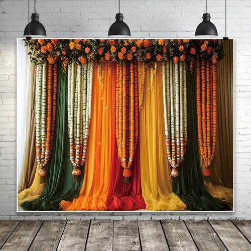10x8ft India Pooja Traditional Backdrop Colorful Curtains Floral Indian Photography Background Puja Ganpati Mehndi Diwali Party Decorations for Wedding Birthday Festival Photo Props - Image 2