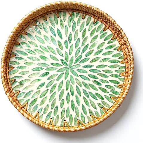 JUNGLE CULTURE Round Rattan Tray with Mother of Pearl Inlay • Everglade 14" by JungleCulture