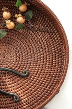 HITOMEN 14.2" Hand-Woven Round Rattan Serving Tray Decorative Ottoman Wicker Platter with Handles for Coffee Table, Breakfast, Drinks, Snack, Bread, Fruit, Vegetables (Brown - L) - Image 3