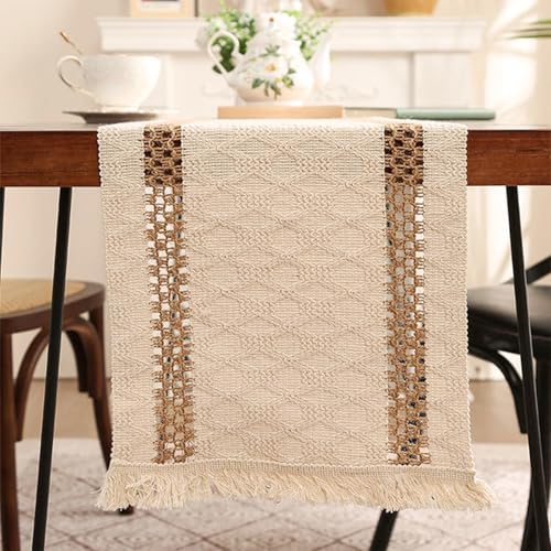 Niviy Boho Table Runners 120 Inches Long Farmhouse Macrame Table Runner Cotton Linen Woven Table Runners for Fall Dining Table Home Decor, Beige & Brown - Image 6
