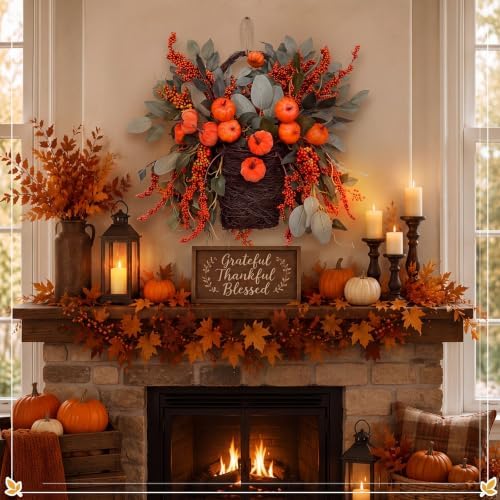 Norme Fall Basket Wreath for Front Door 19 in Autumn Pumpkin Harvest Wreath - Image 4